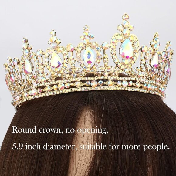 Gold Queen Crown Tiara Rhinestones Hair Accessories for Wedding Party Bride main image 6